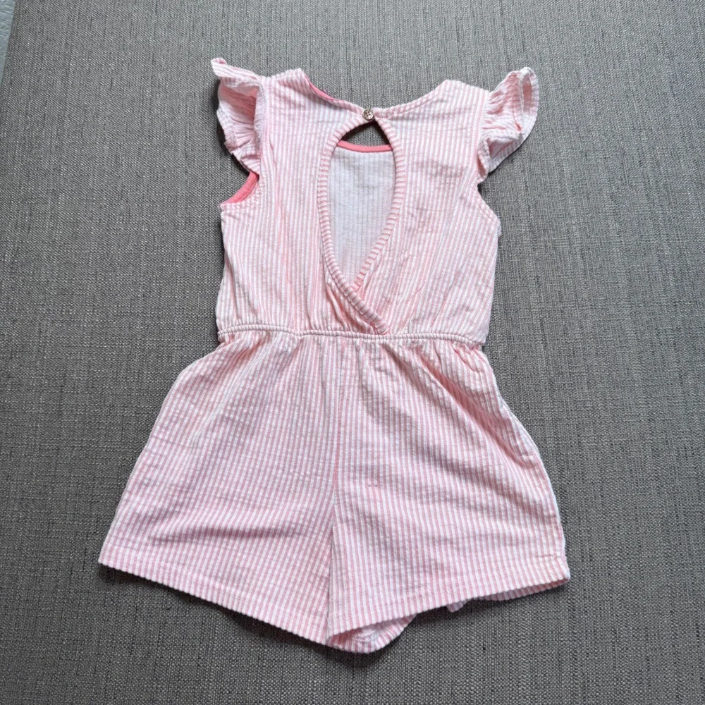 Vince Camuto Girls Pink White Striped Ruffle Sleeve Romper Size 10